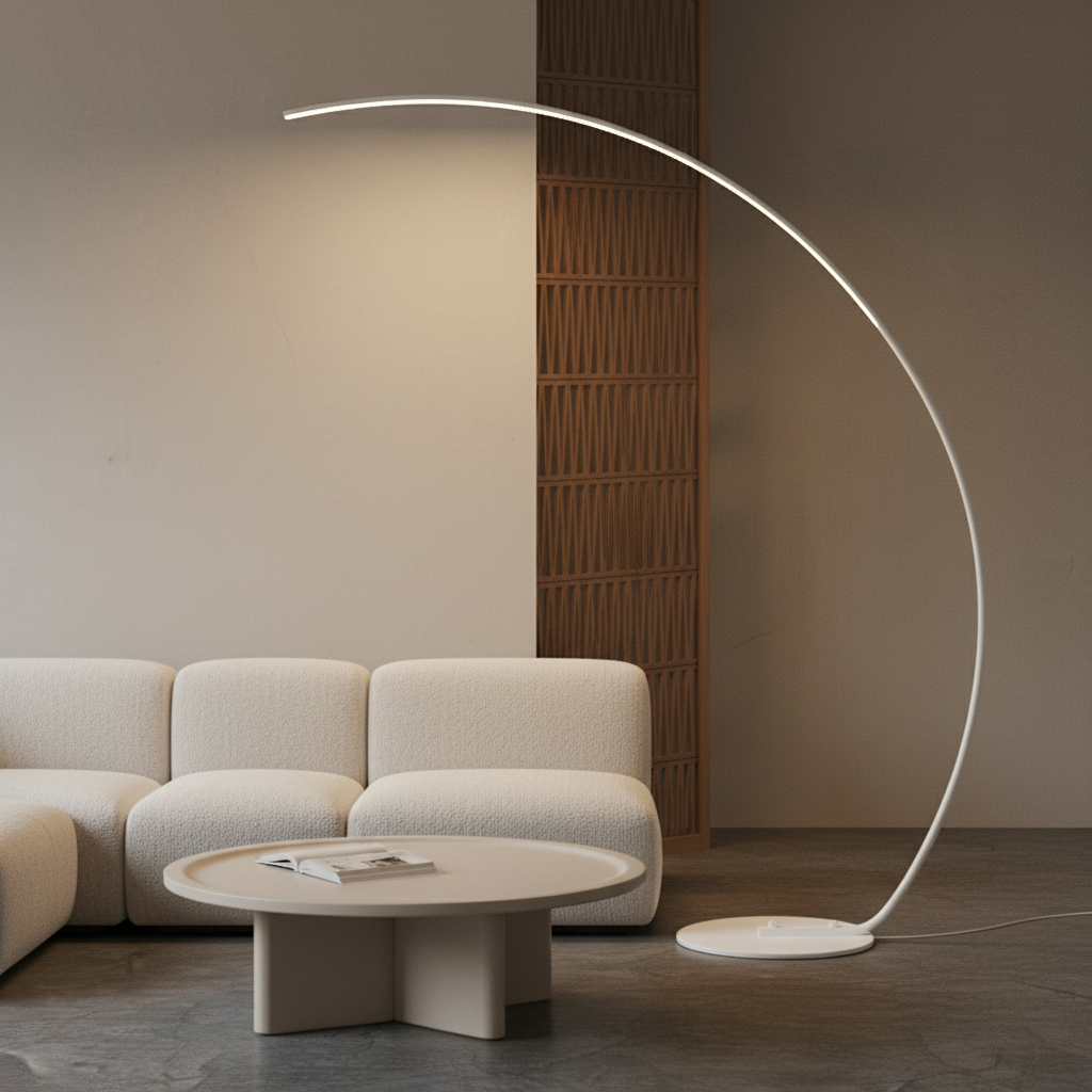 Weiße Bogen Stehlampe mit dimmbarer LED und modernem Design für das Wohnzimmer

