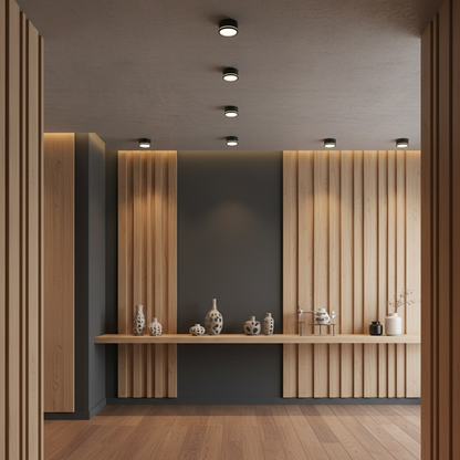 Minimalistische Deckenleuchte in runder Form mit mattschwarzer Oberfläche
